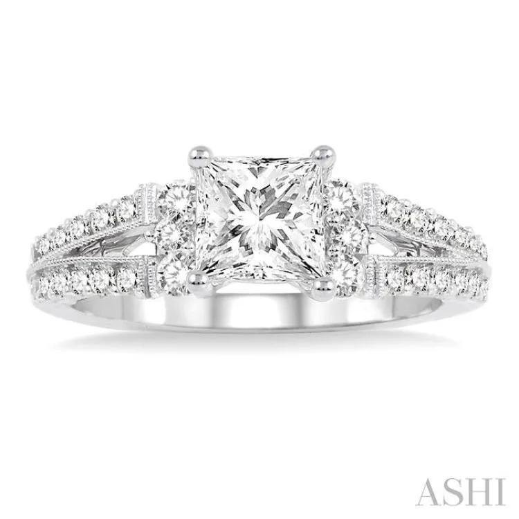 1 1/10 Ctw Diamond Engagement Ring with 5/8 Ct Princess Cut Center Stone in 14K White Gold