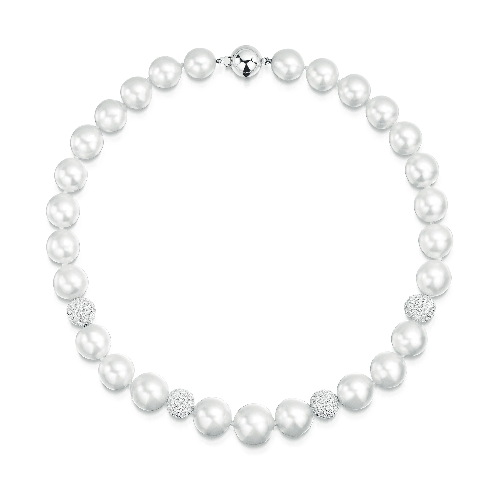 18ct White Gold Graduated South Sea Pearl Necklet With Set Pave Set Diamond Spheres