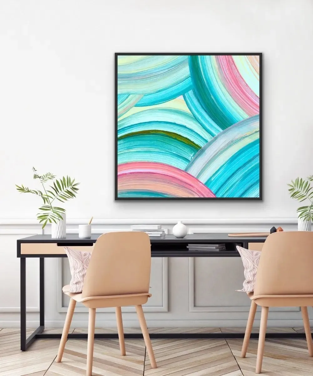 A Rainbow World - Abstract Pink And Green Swirl Rainbow Painting Wall Art Print