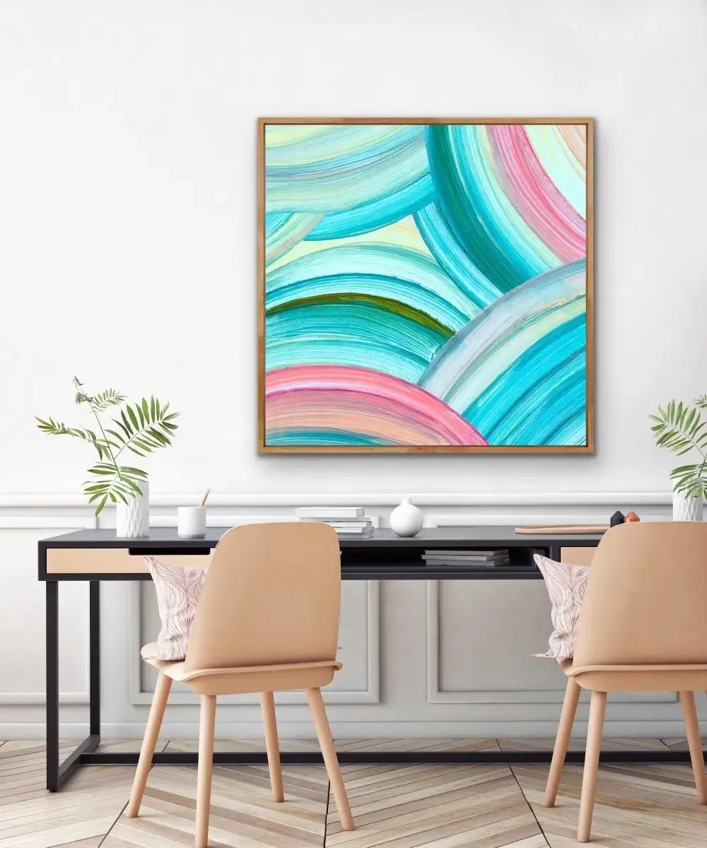 A Rainbow World - Abstract Pink And Green Swirl Rainbow Painting Wall Art Print