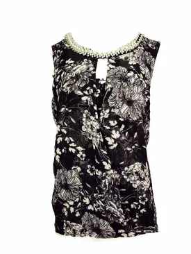 Alfani Women's Pearl Beaded Sleeveless Floral Printed Keyhole  Top, XL