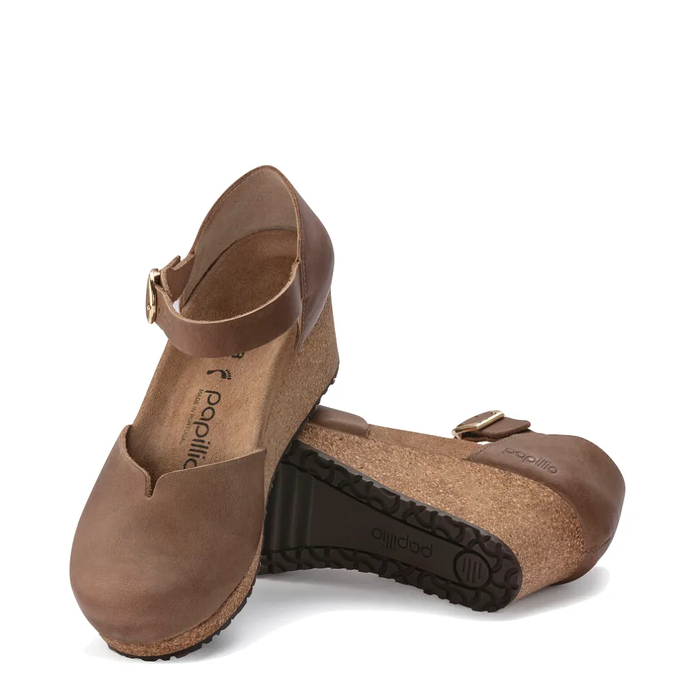 Birkenstock Women's Mary Oiled Leather Closed Toe Cork Wedge in Cognac