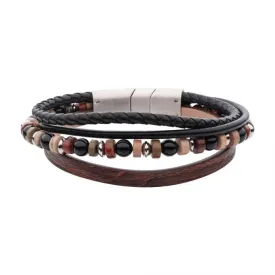 Brown & Black Leather with Black Onyx & Bloodstone Bead Multi-Strand Bracelet