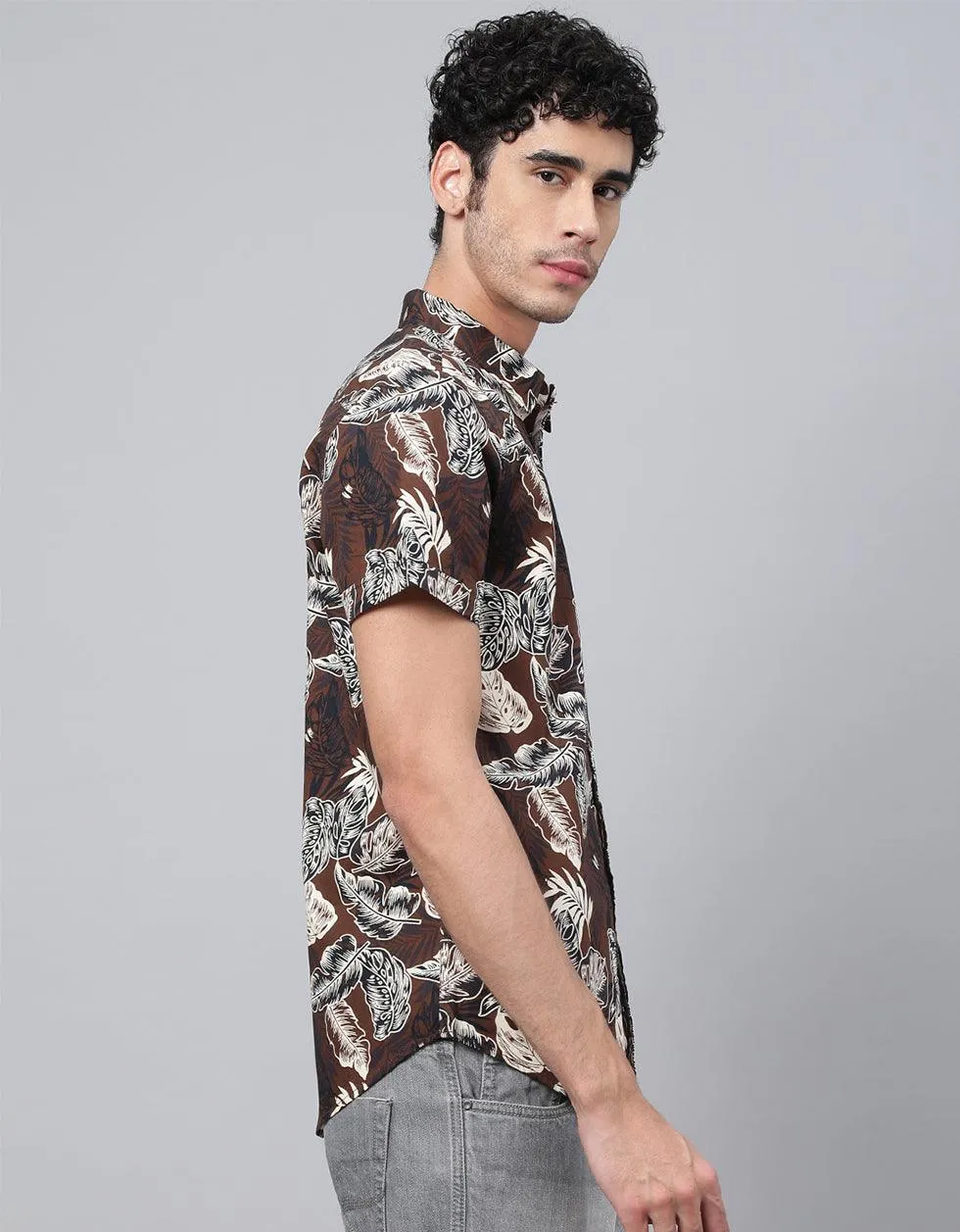 Brown Floral Printed Casual Shirt