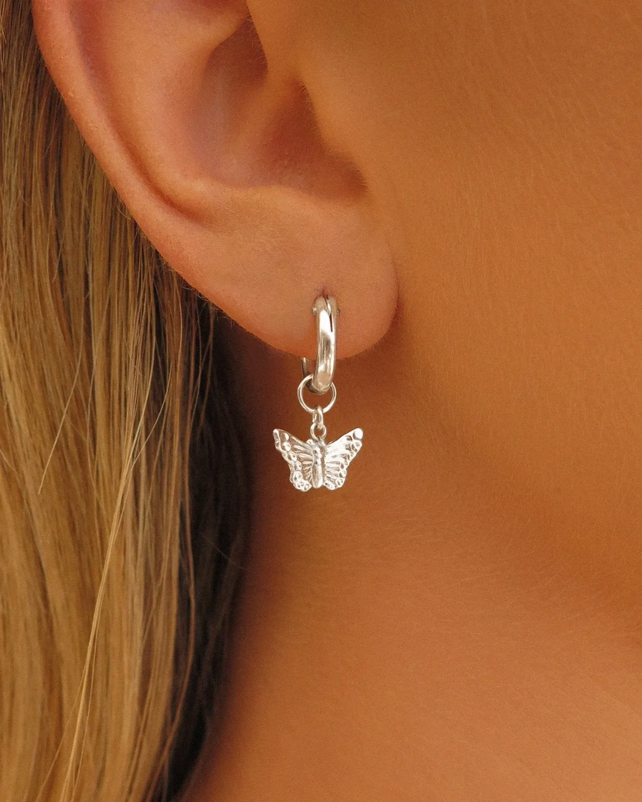 Butterfly Thick Hoop Earrings  - Sterling Silver