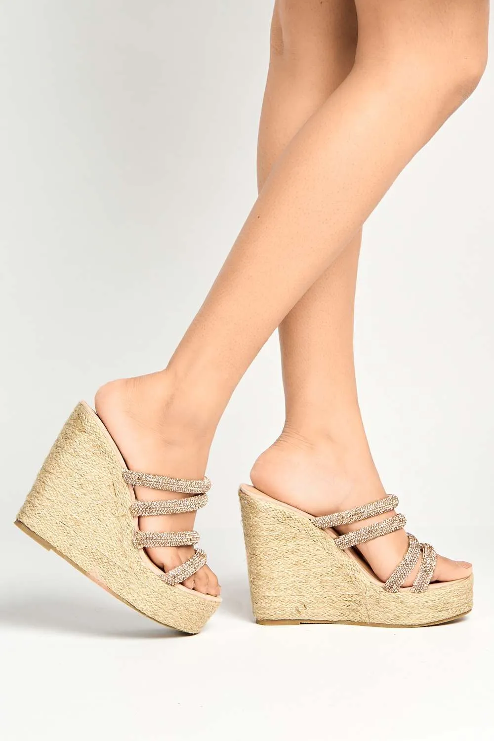 Cali Diamante Straps Espadrille Wedge Sandals in Rose Gold