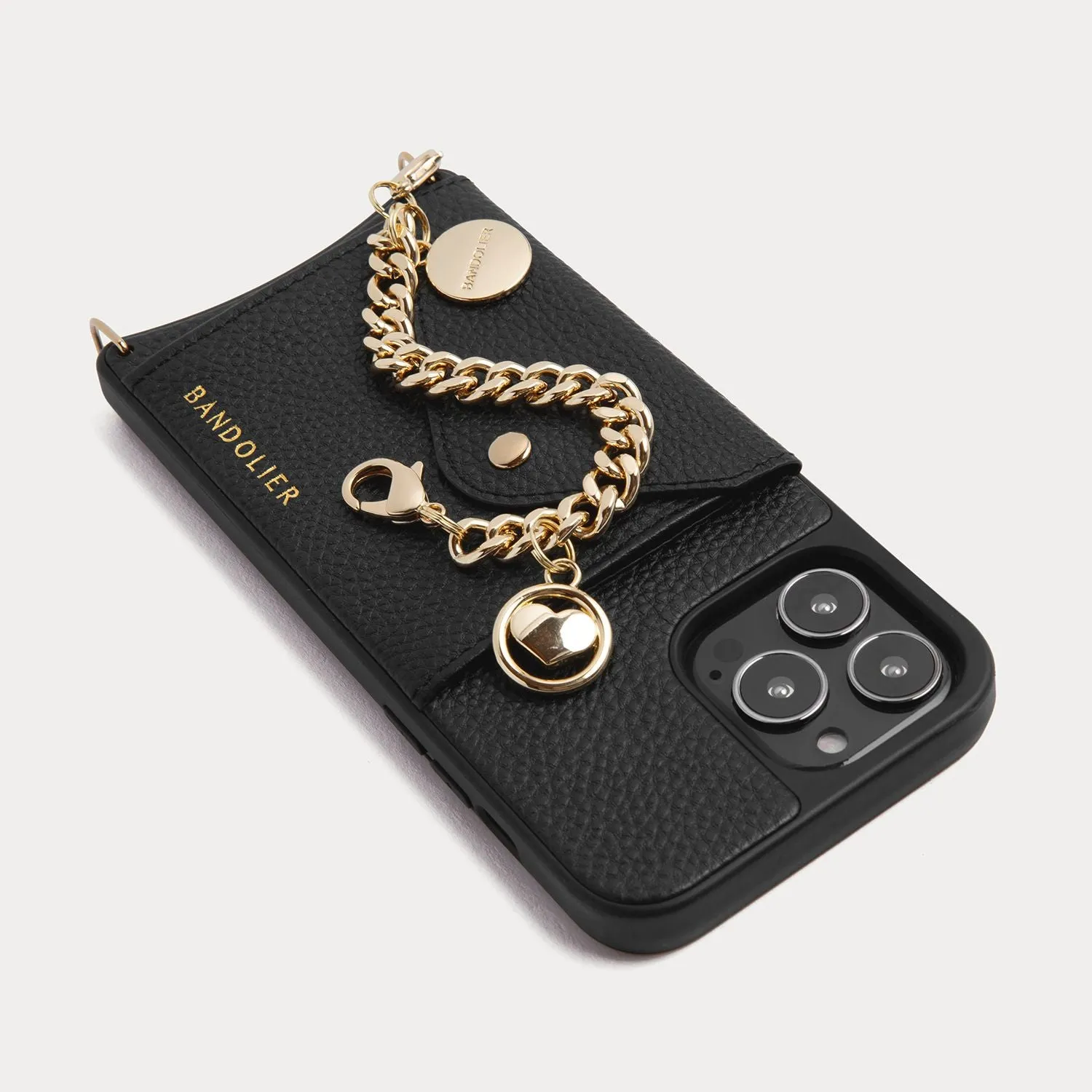 Charm Pebble Leather Wristlet- Black/Gold