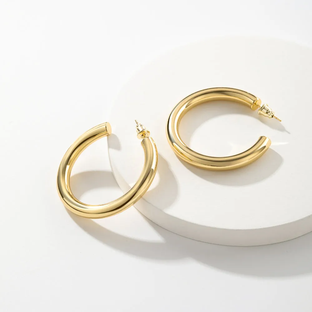 Chunky Gold Tube Hoop Earrings 14K Plated