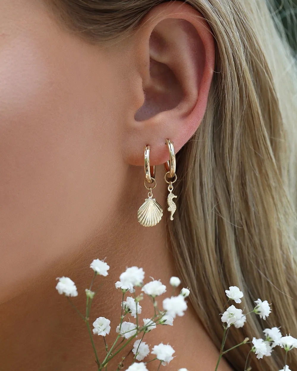 Clam Shell Thick Hoop Earrings  - 14k Yellow Gold Fill