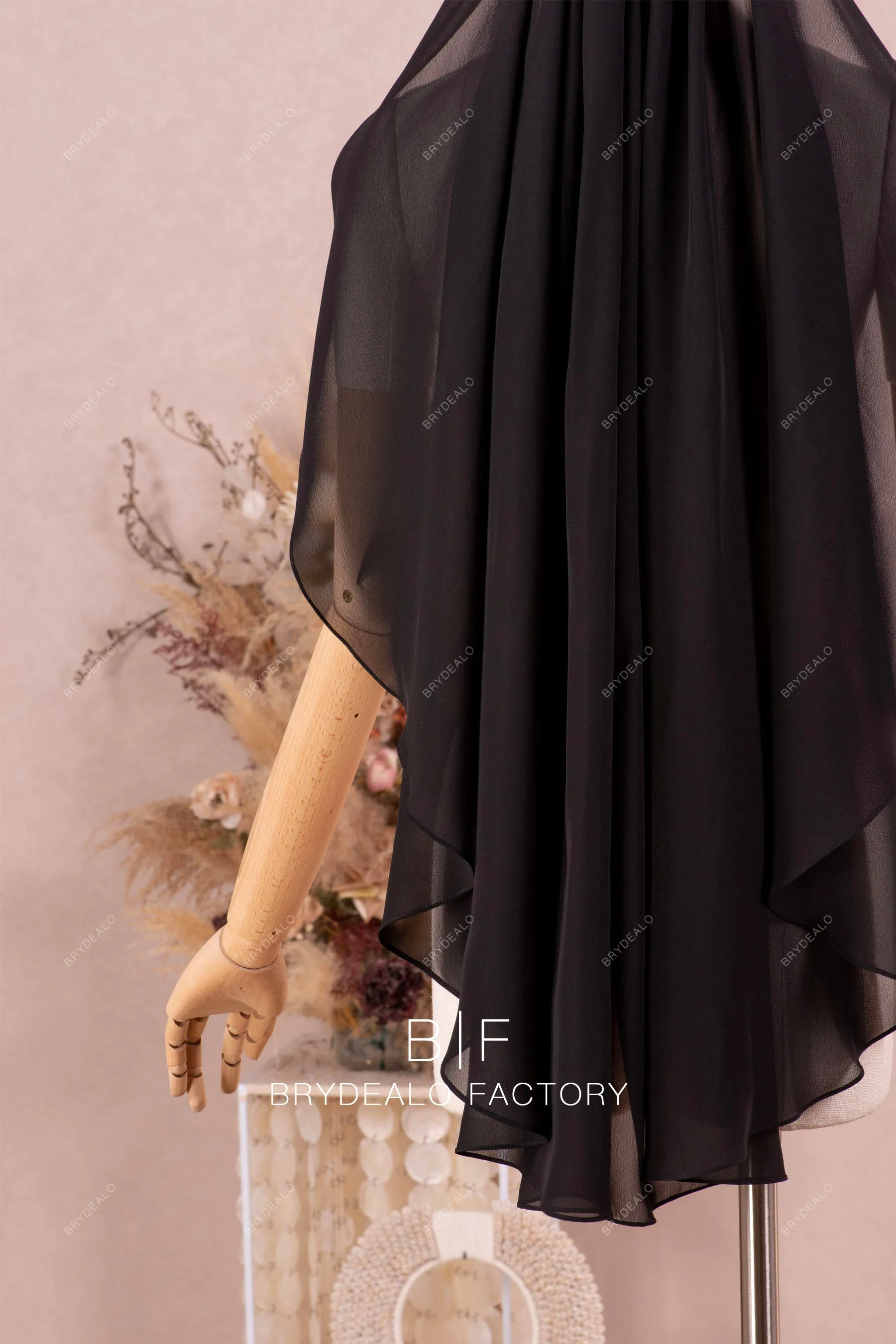 Classic Black Chiffon Fingertip Length Wedding Veil