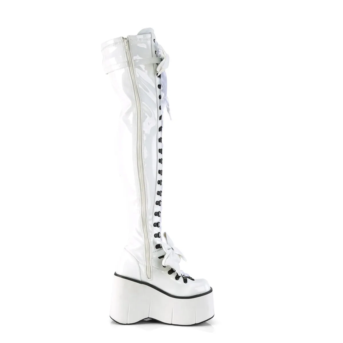 Demonia KERA-303 | White Stretch Patent Leather Above Knee Boots