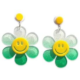 Earrings - Oversized daisy flower drops, glitter green & white gradient