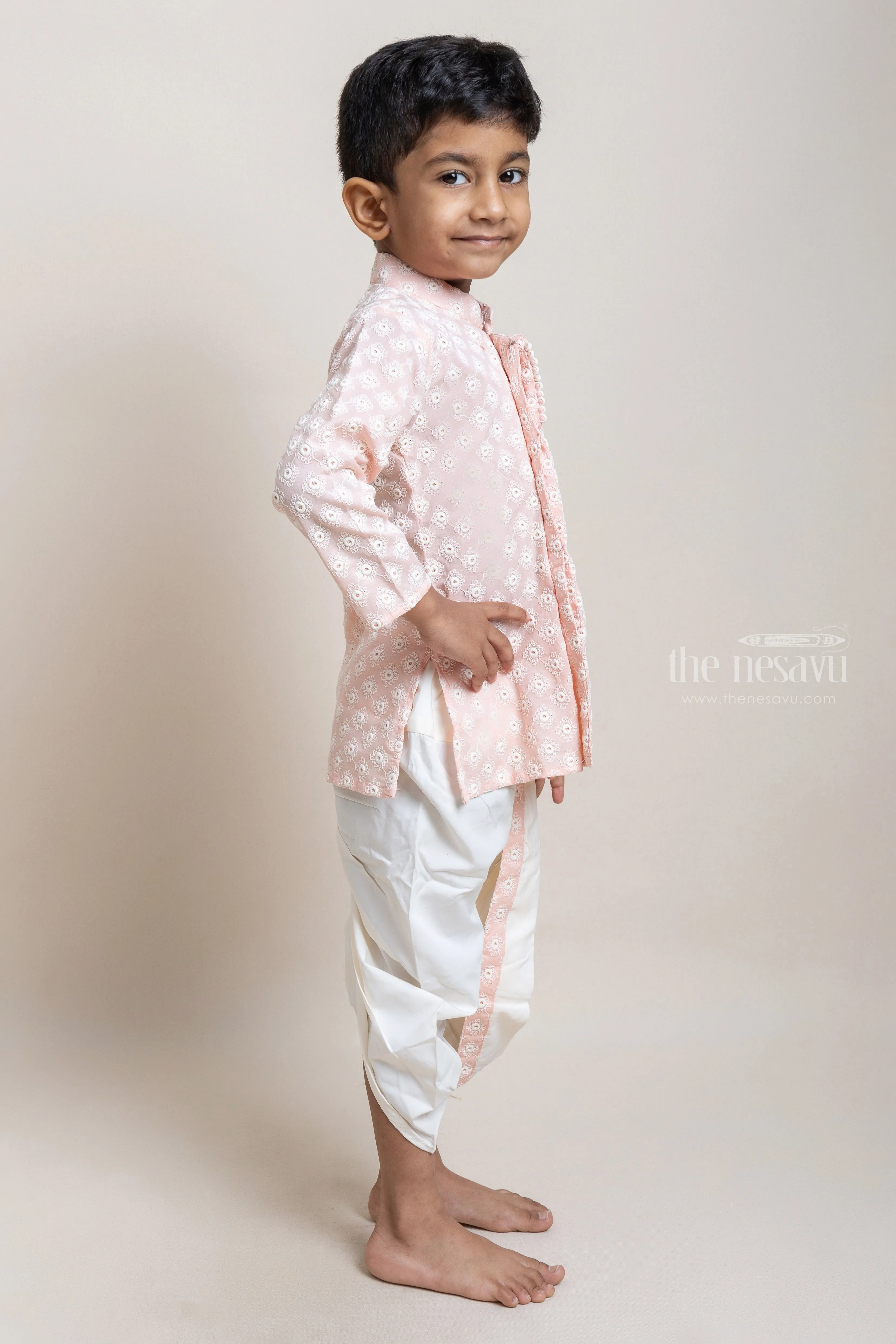 Embroidery Salmon Pink Ethnic Kurta With White Dhoti For Boys