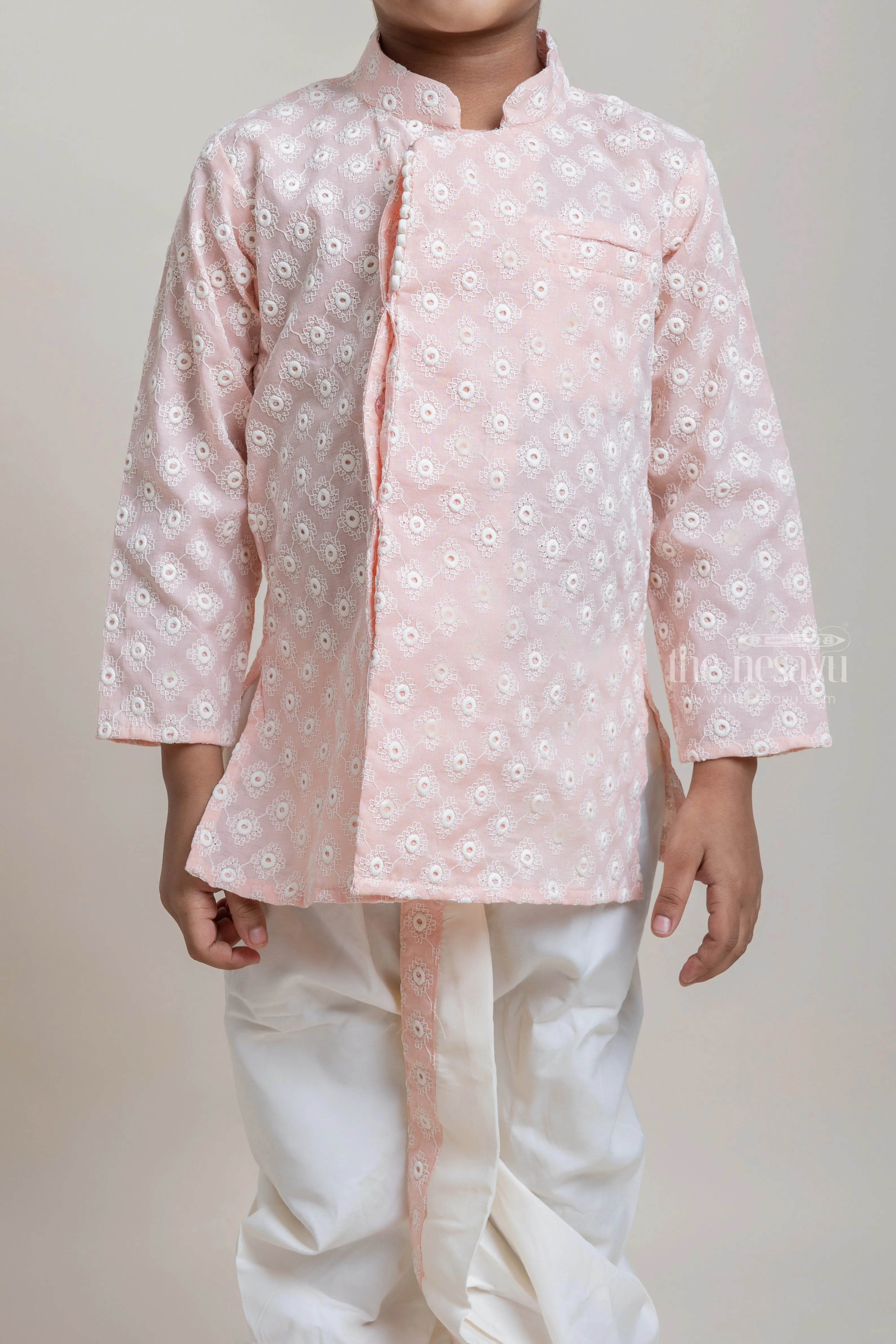 Embroidery Salmon Pink Ethnic Kurta With White Dhoti For Boys