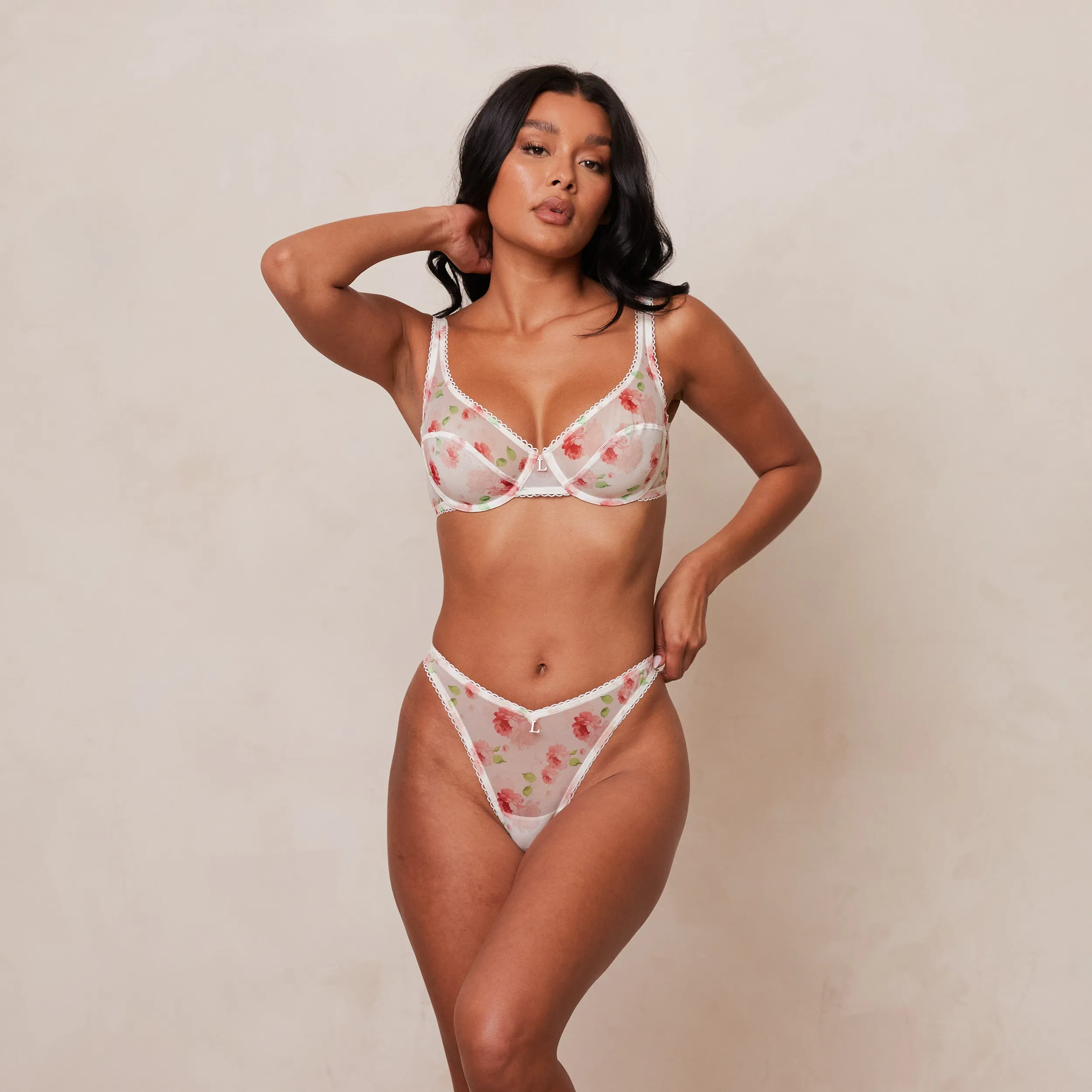 Floral Mesh Balcony Bra  - White