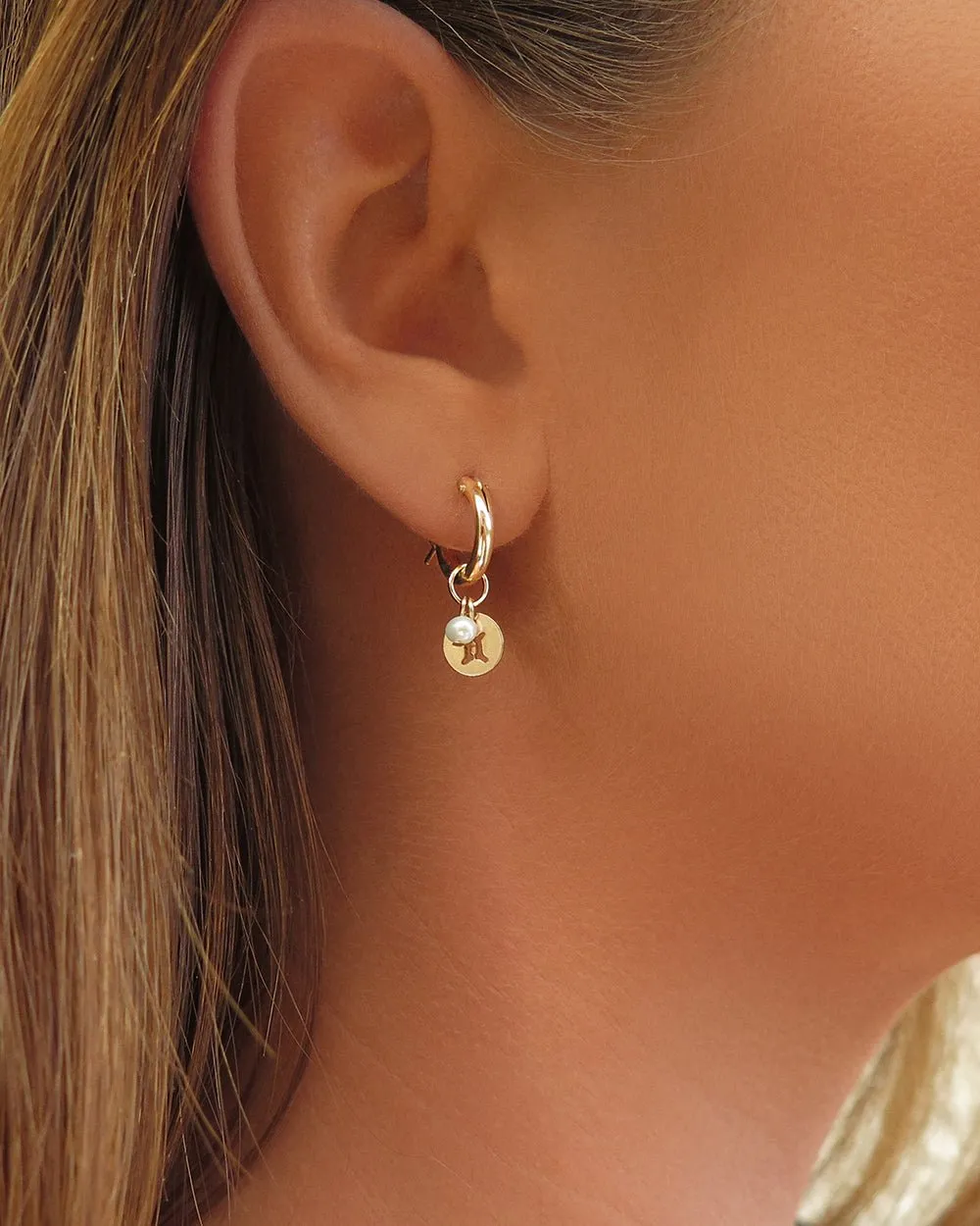 Freshwater Pearl Zodiac Thick Hoop Earrings  - 14k Yellow Gold Fill