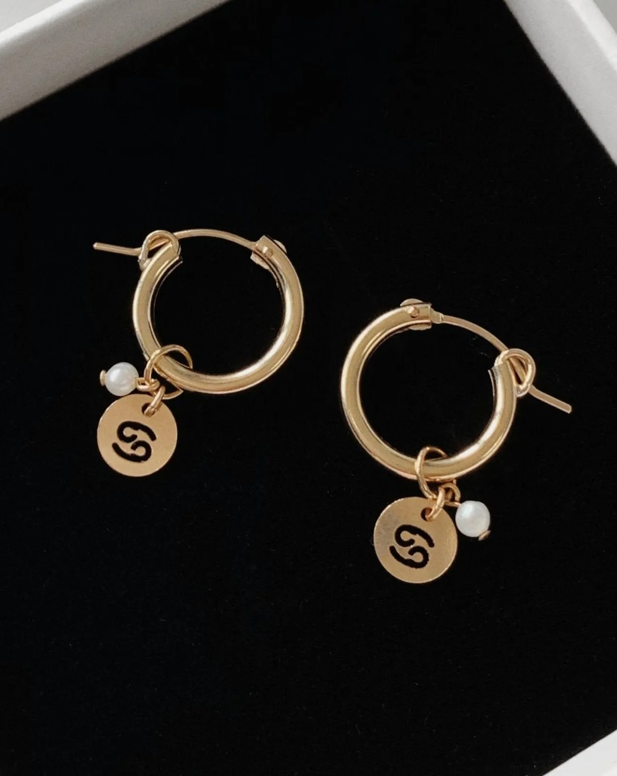 Freshwater Pearl Zodiac Thick Hoop Earrings  - 14k Yellow Gold Fill