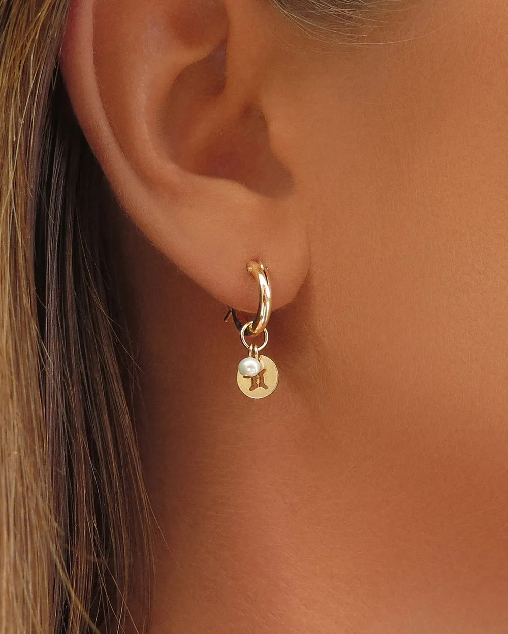 Freshwater Pearl Zodiac Thick Hoop Earrings  - 14k Yellow Gold Fill