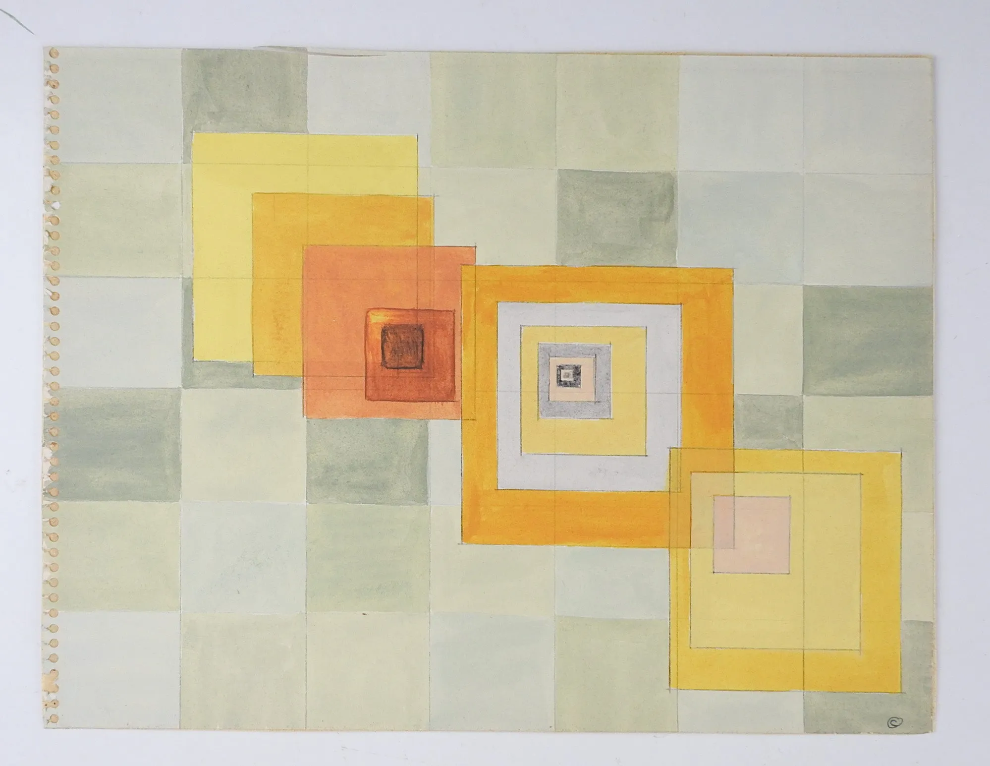 Geometric Abstract Orange & Gray Watercolor Painting