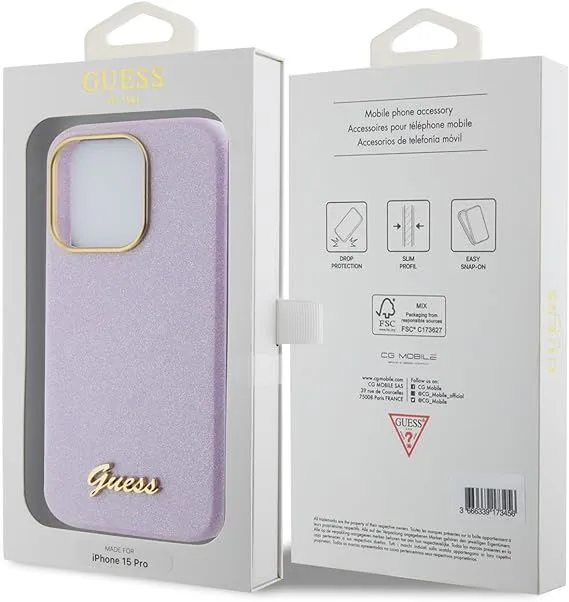 Guess Glitter Glossy Script Hard Case for iphone 15 Pro 6.1" Lilac - GUHCP15LPGMCSL