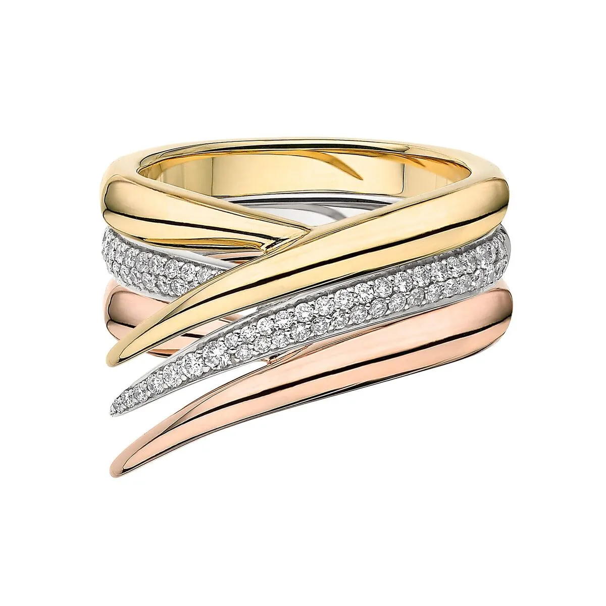 Interlocking Stacked Ring - 18ct Yellow, Rose & White Gold & Diamond