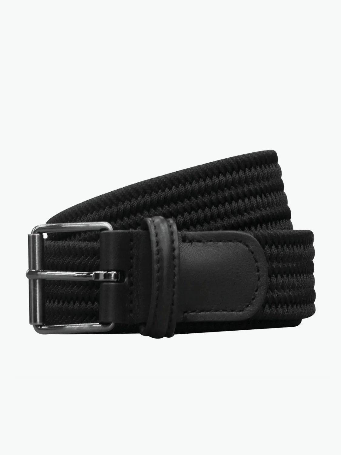 Leather-Trimmed Woven Slim Belt Black