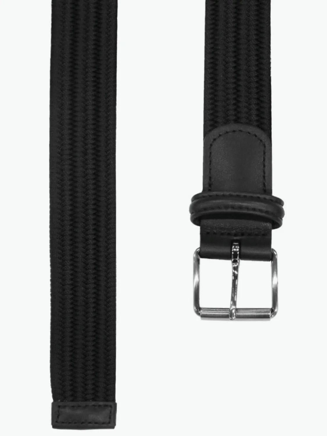 Leather-Trimmed Woven Slim Belt Black