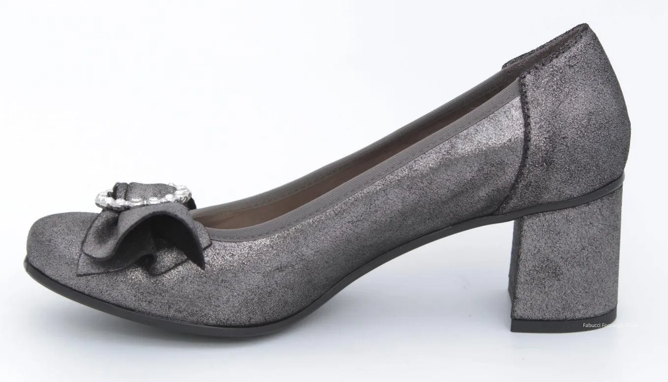 MARCO MOREO Pewter Leather Block Heel Court Shoe With Bow Detail