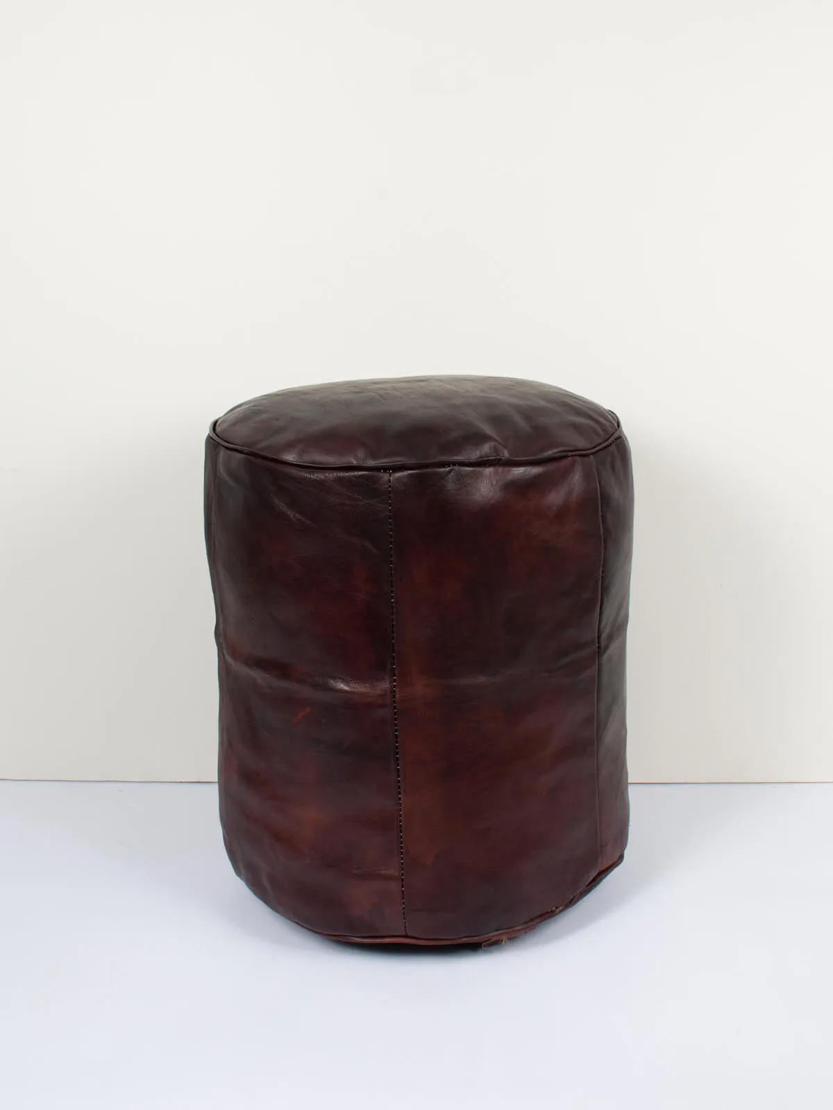 Moroccan Leather Plain Drum Pouffe, Dark Chocolate