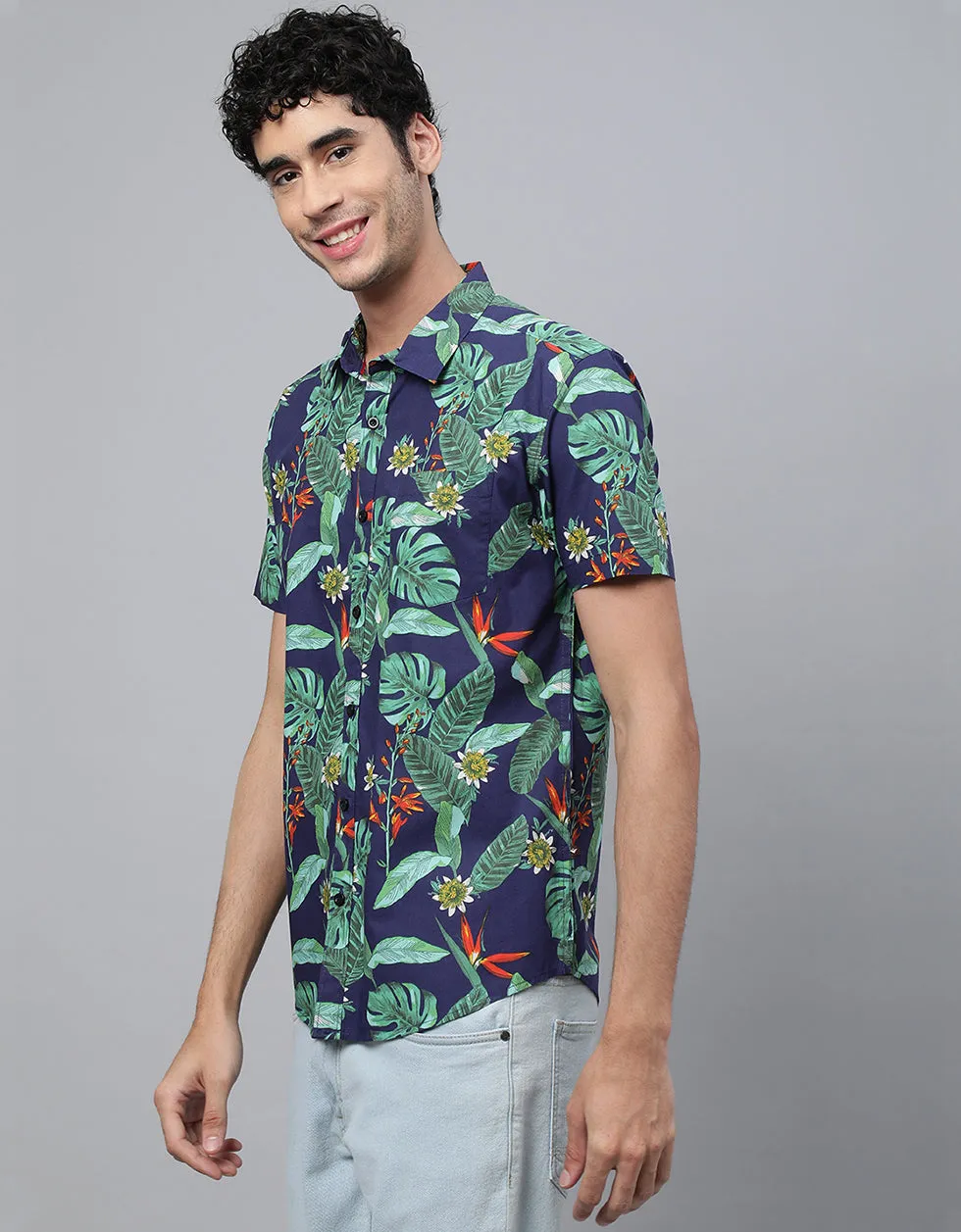 Navy Floral Printed Casual Shirt