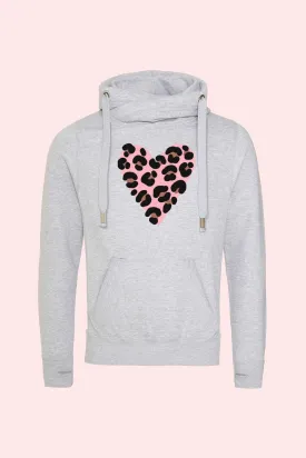 Outlet - Grey Leopard Heart Cowl Neck Hoodie