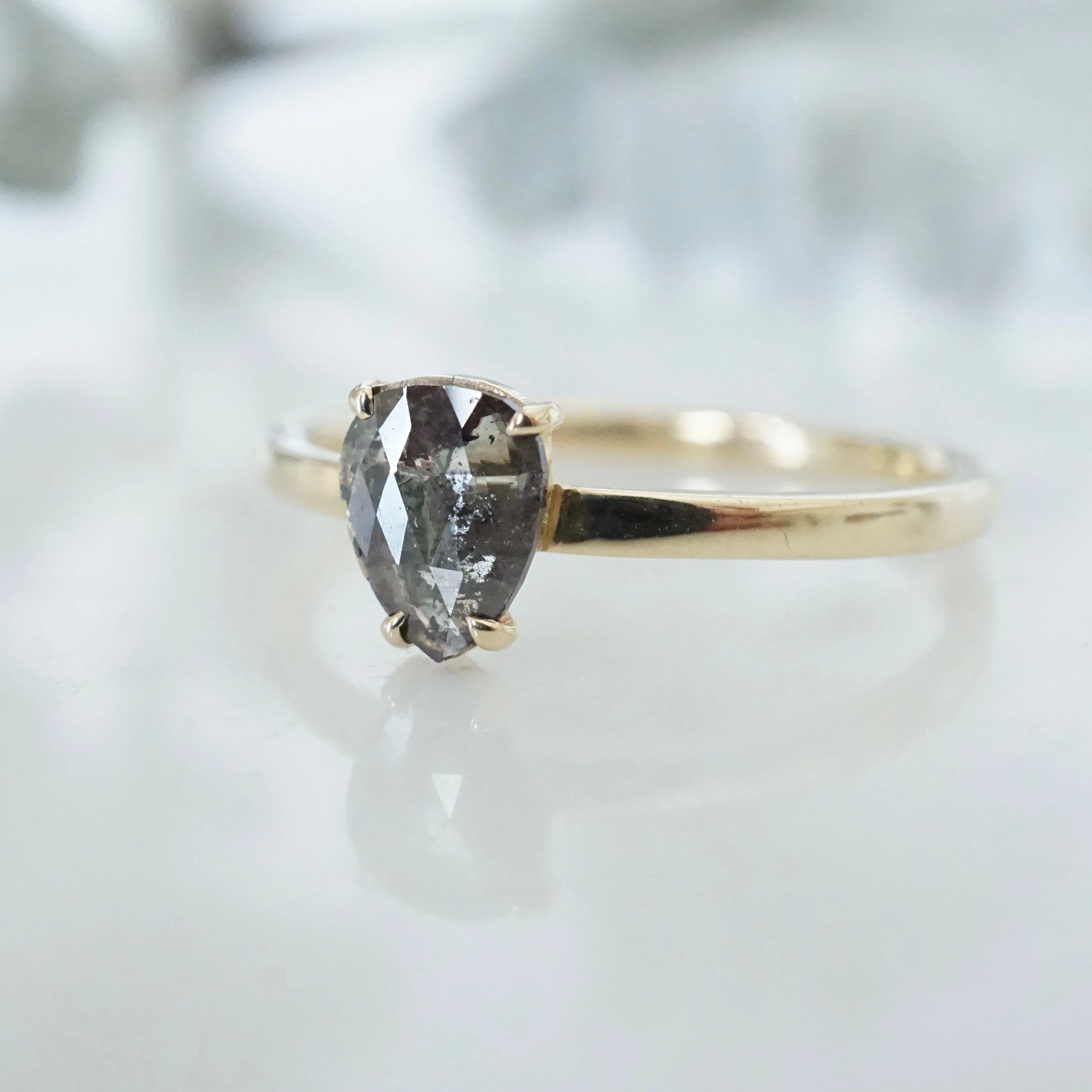 Pear Rose Cut Salt and Pepper Diamond Ring - Dark Grey Pear Shape Diamond Ring - Rose Cut Diamond Ring