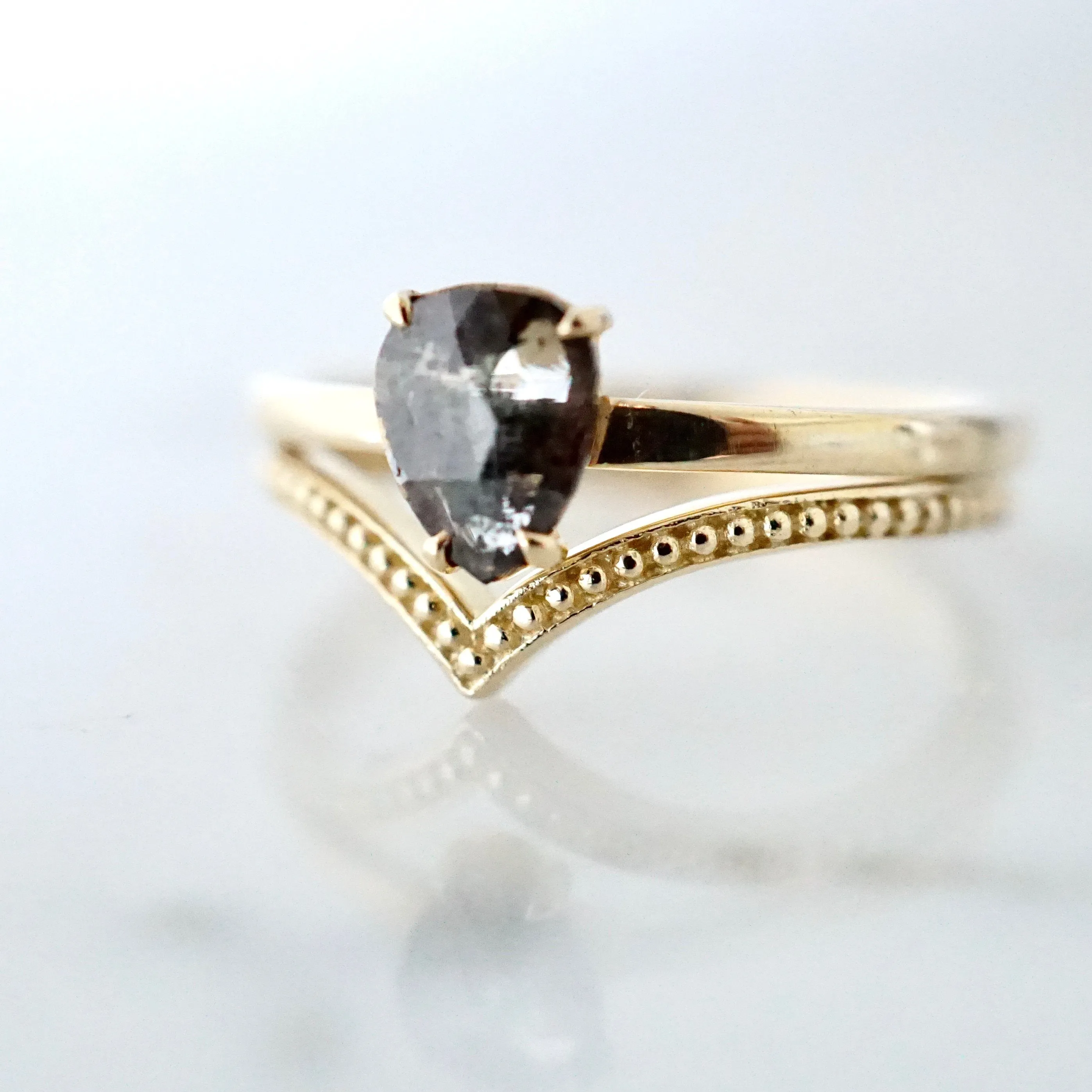 Pear Rose Cut Salt and Pepper Diamond Ring - Dark Grey Pear Shape Diamond Ring - Rose Cut Diamond Ring