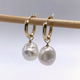 Pearl earrings with cultured freshwater white baroque 'Kasumi' pearl drops on gold hoops