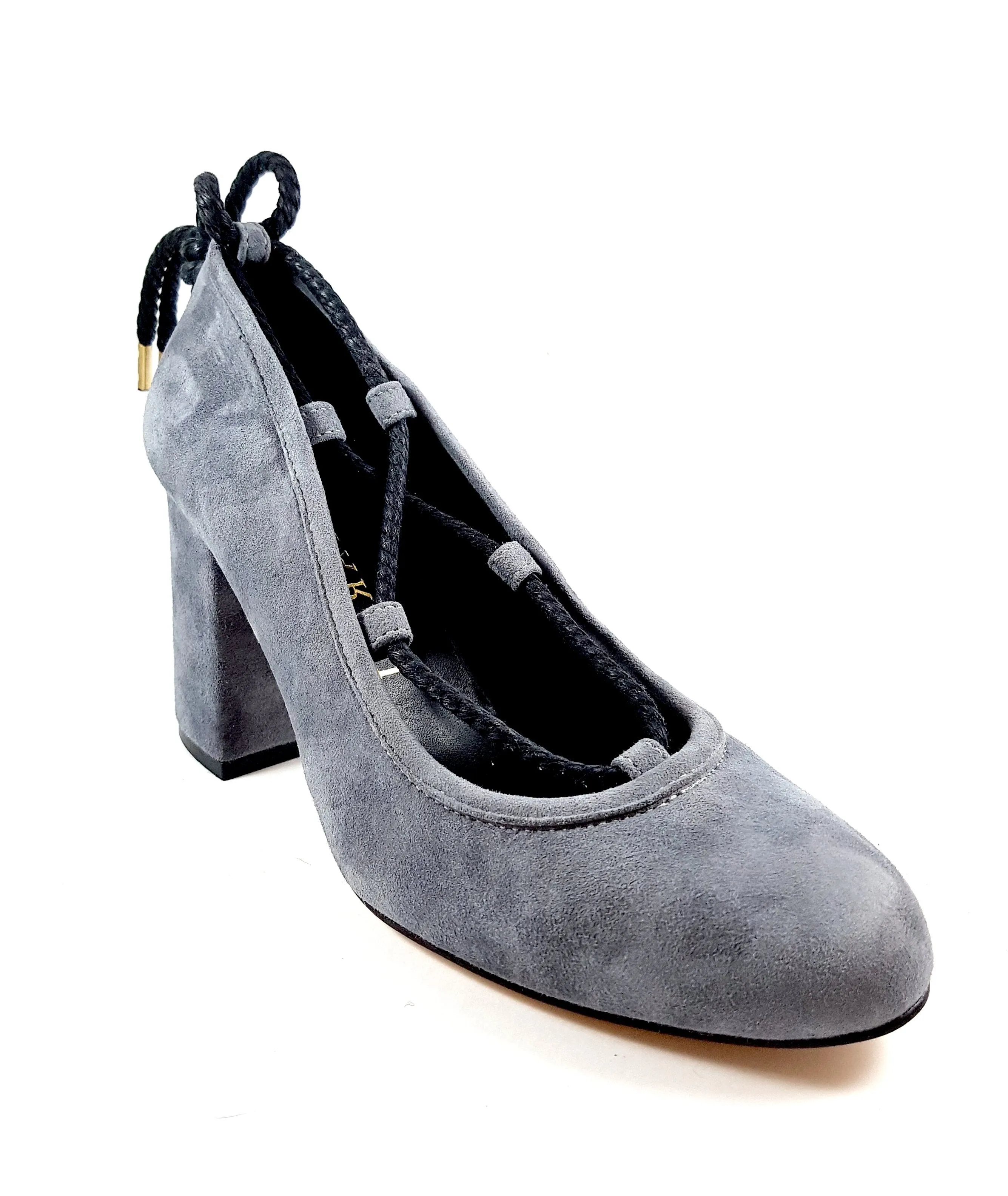 Piluca Gray suede block heel pumps with contrasting tie