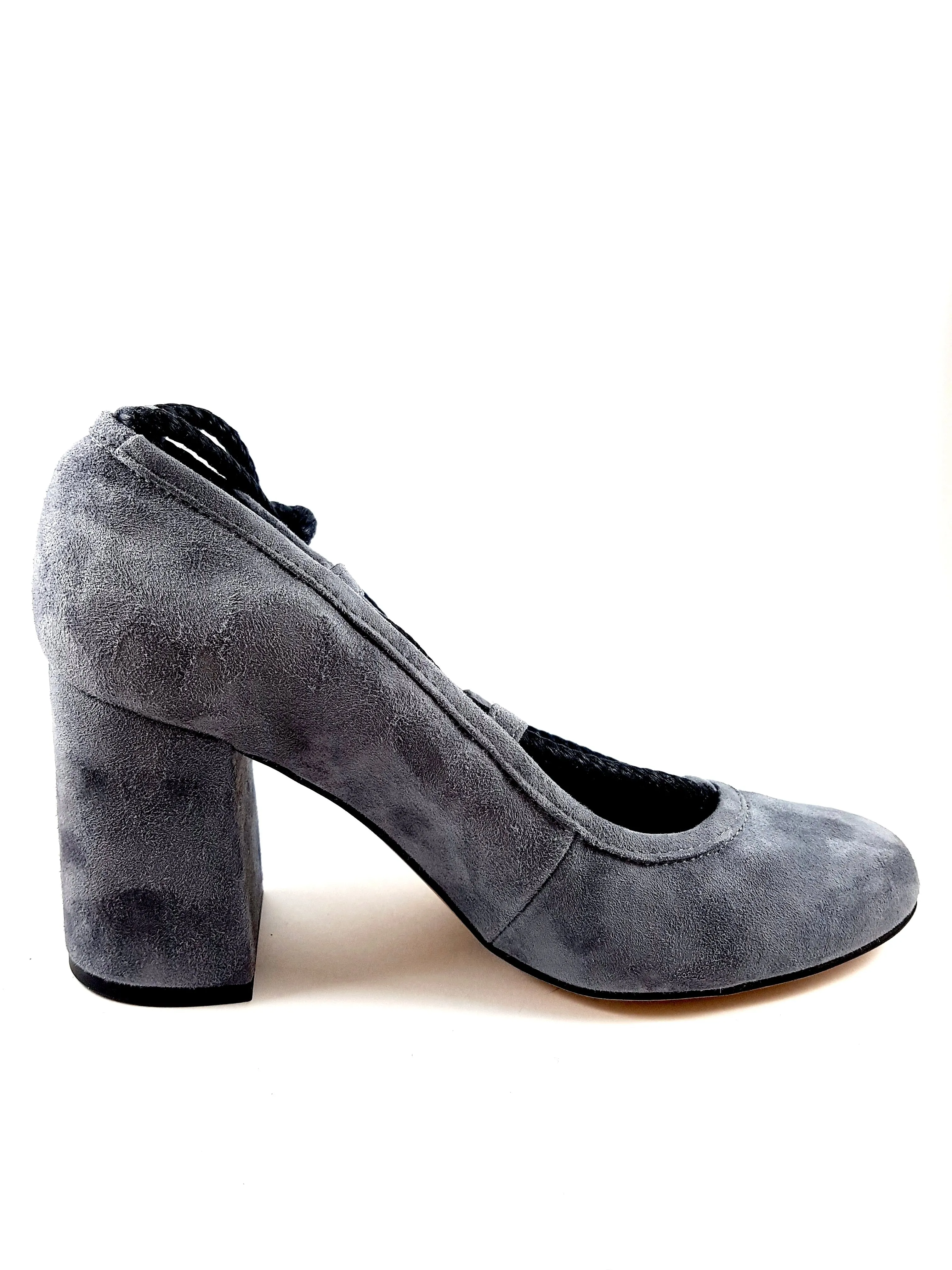 Piluca Gray suede block heel pumps with contrasting tie