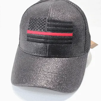 Ponytail Thin Red Line Flag Glitter Hat