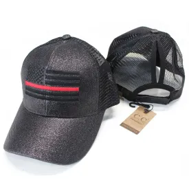 Ponytail Thin Red Line Flag Glitter Hat