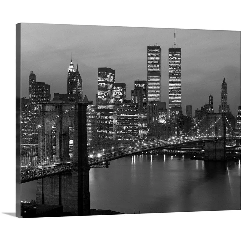 "1980's New York City Lower Manhattan Skyline Brooklyn Bridge World Trade Center" Canvas Wall Art