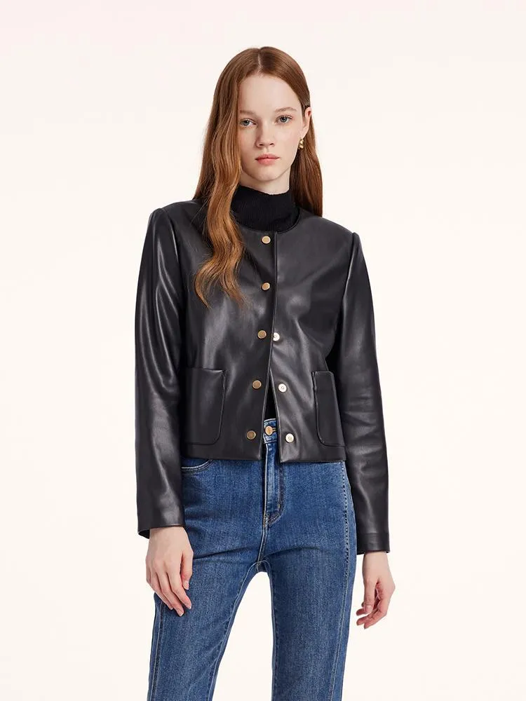 Round Neck Synthetic Leather Jacket