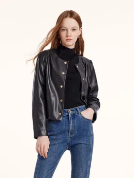 Round Neck Synthetic Leather Jacket