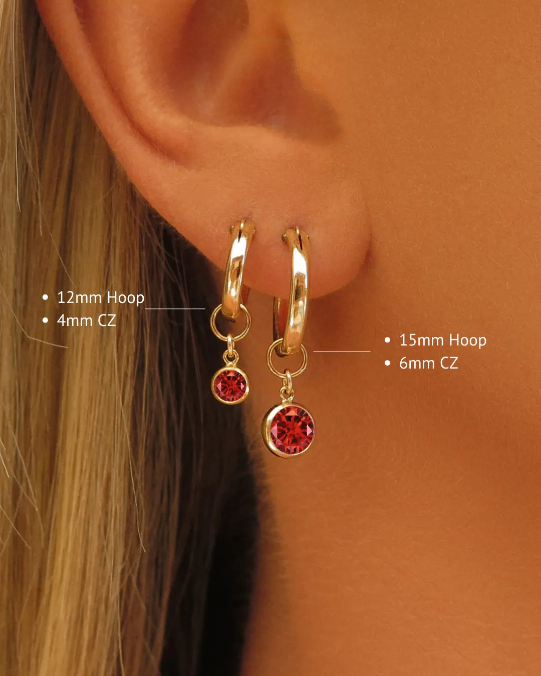 Ruby CZ Thick Hoop Earrings - 14k Yellow Gold Fill