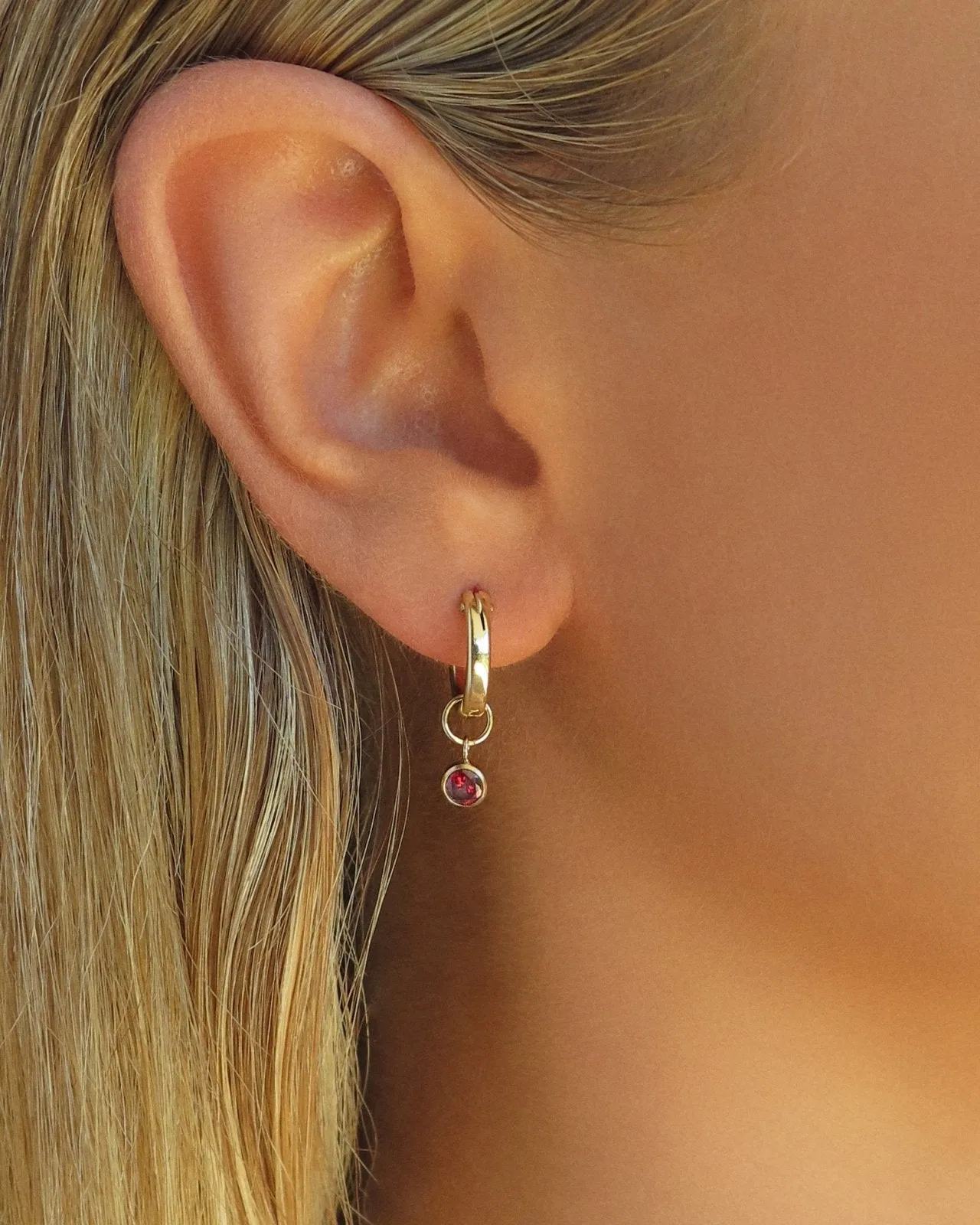 Ruby CZ Thick Hoop Earrings - 14k Yellow Gold Fill