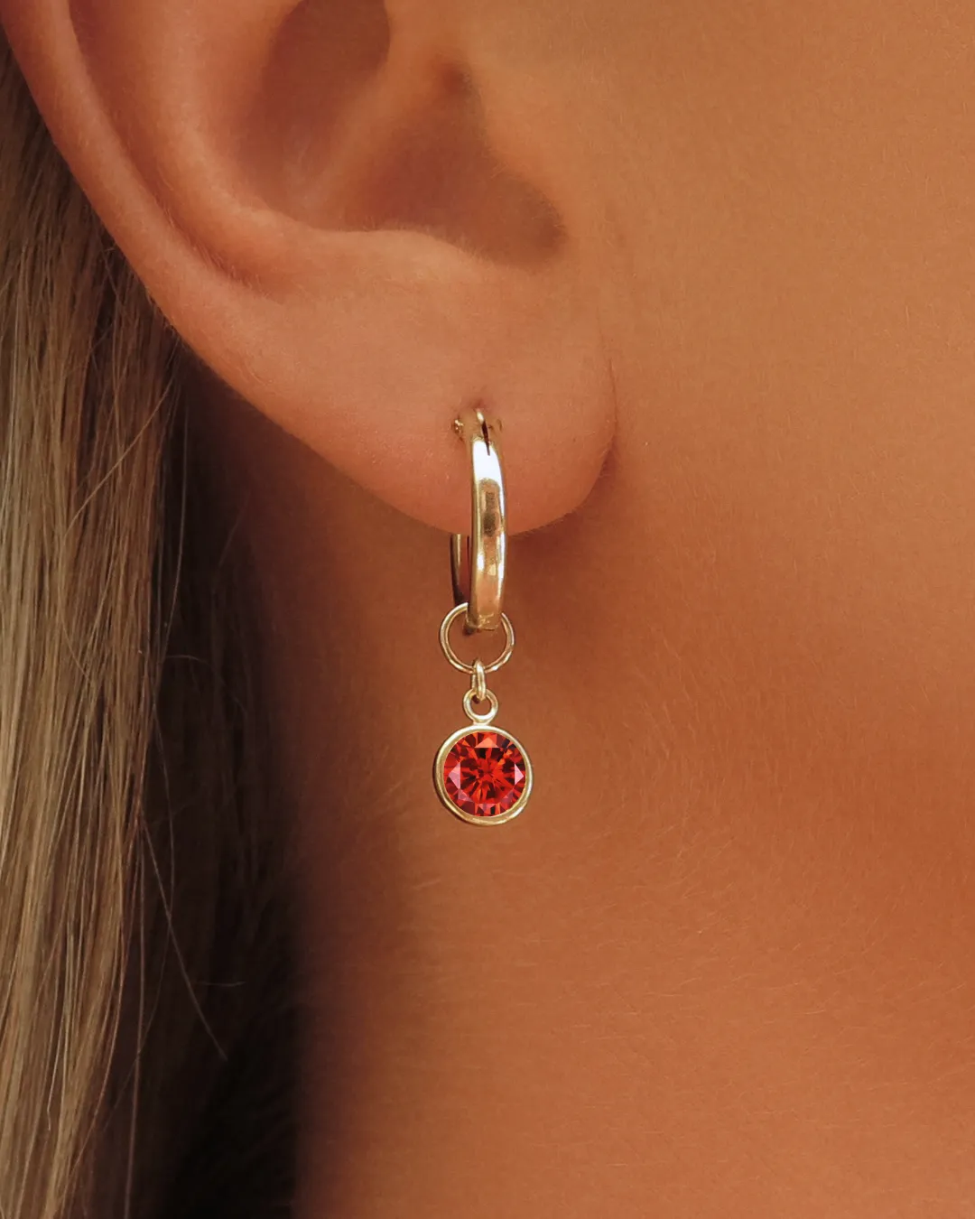 Ruby CZ Thick Hoop Earrings - 14k Yellow Gold Fill