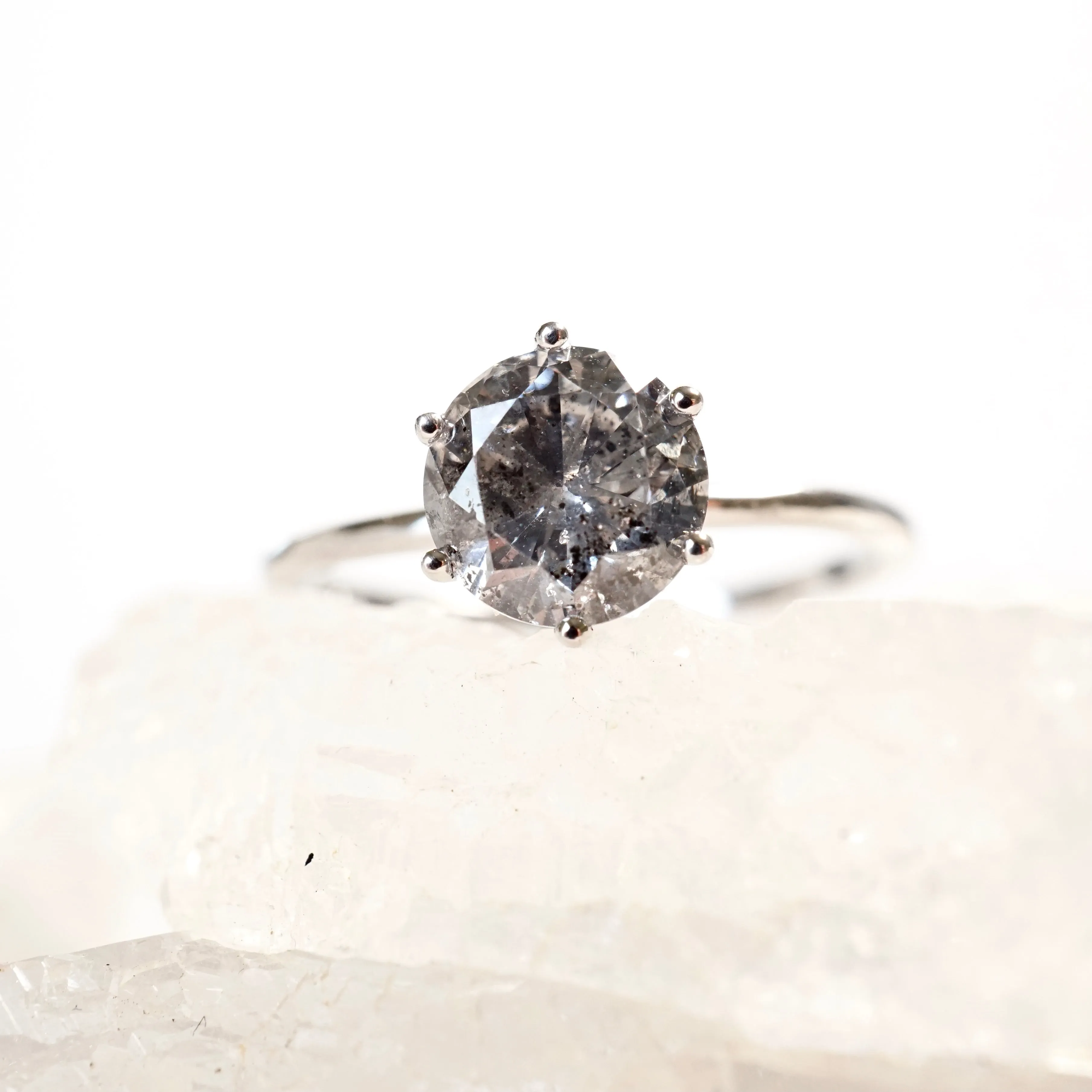 Salt and Pepper Diamond Engagement Ring - Grey Diamond White Gold Ring - Six Prong Diamond Ring