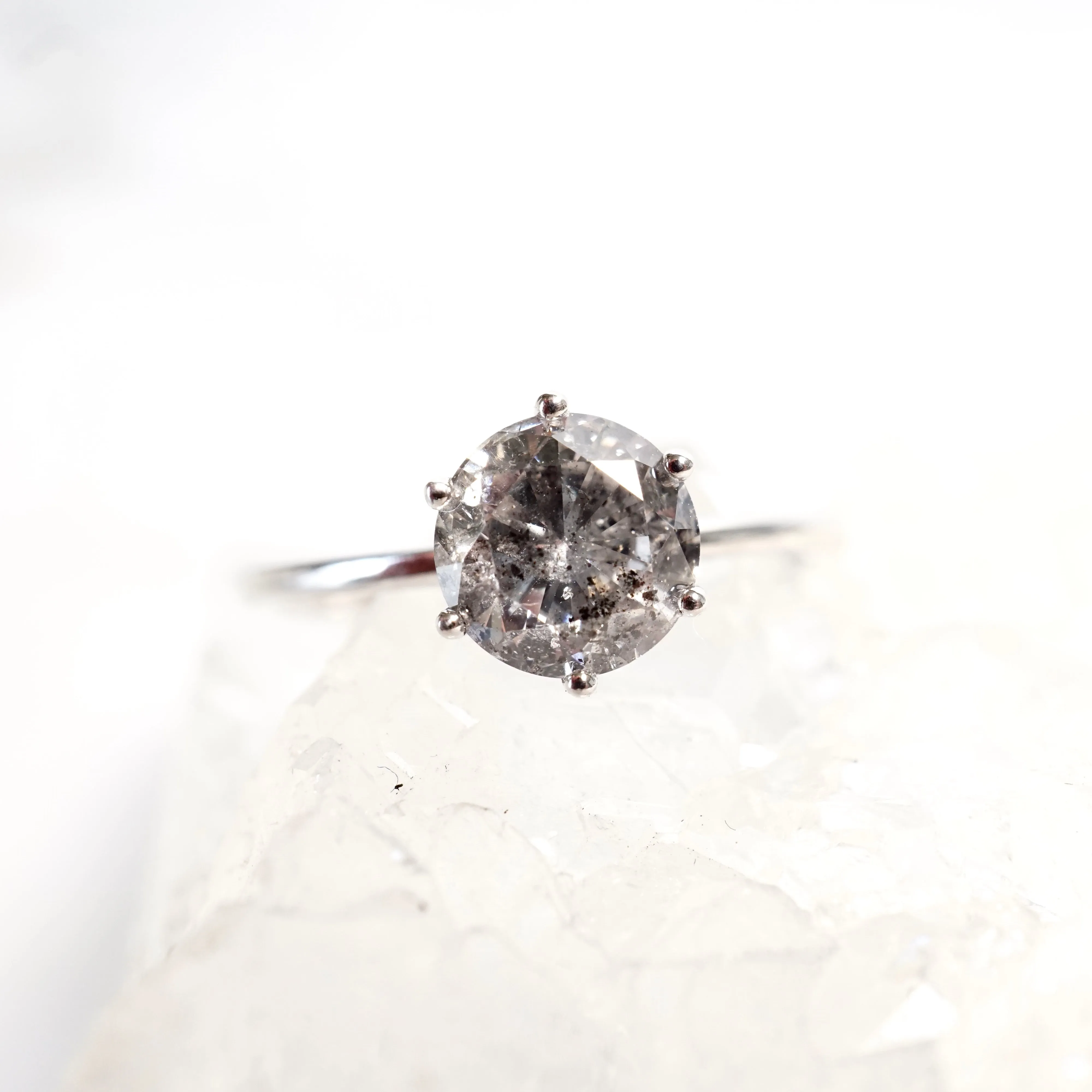 Salt and Pepper Diamond Engagement Ring - Grey Diamond White Gold Ring - Six Prong Diamond Ring