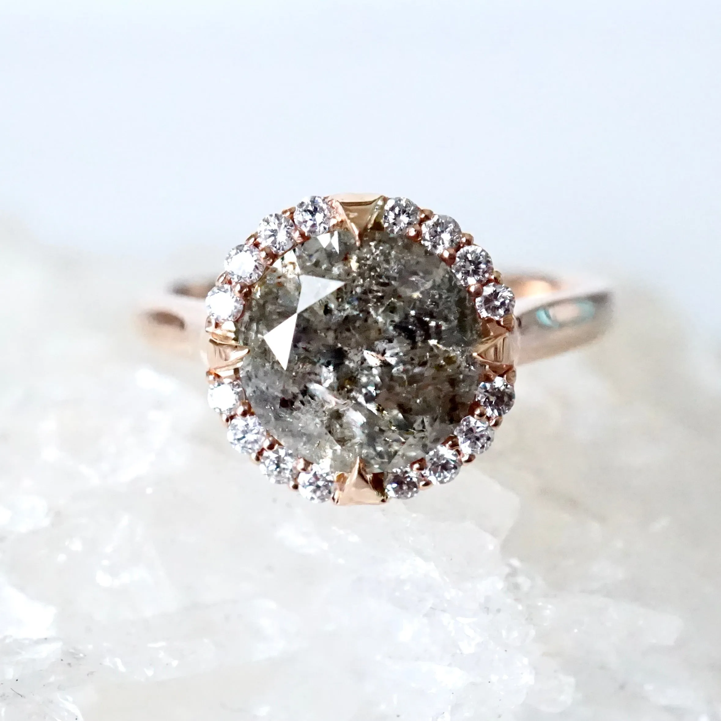 Salt and Pepper Diamond Halo Ring - 3 carat Diamond Compass Halo Engagement Ring - Designer 3-ct Rose Gold Ring