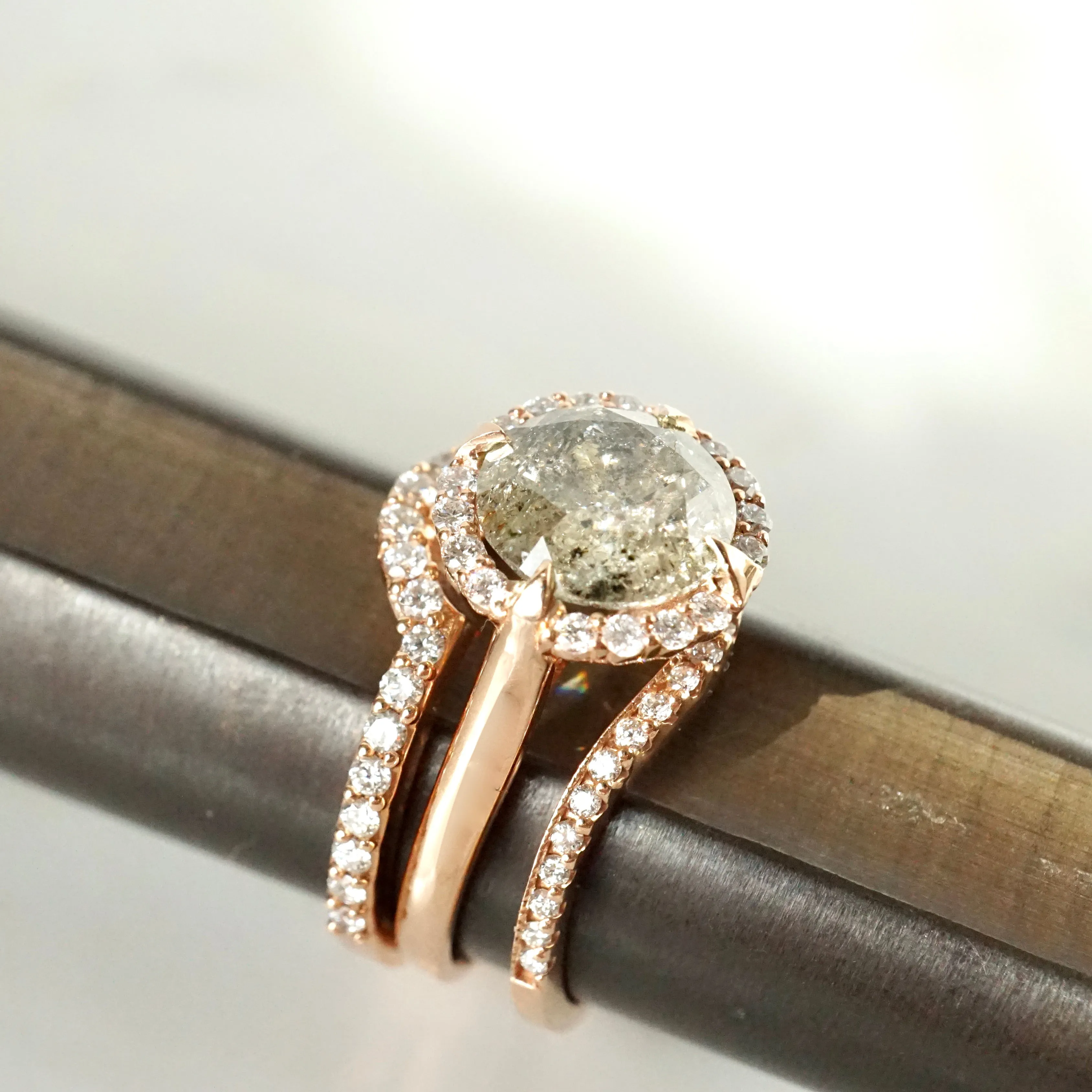 Salt and Pepper Diamond Halo Ring - 3 carat Diamond Compass Halo Engagement Ring - Designer 3-ct Rose Gold Ring