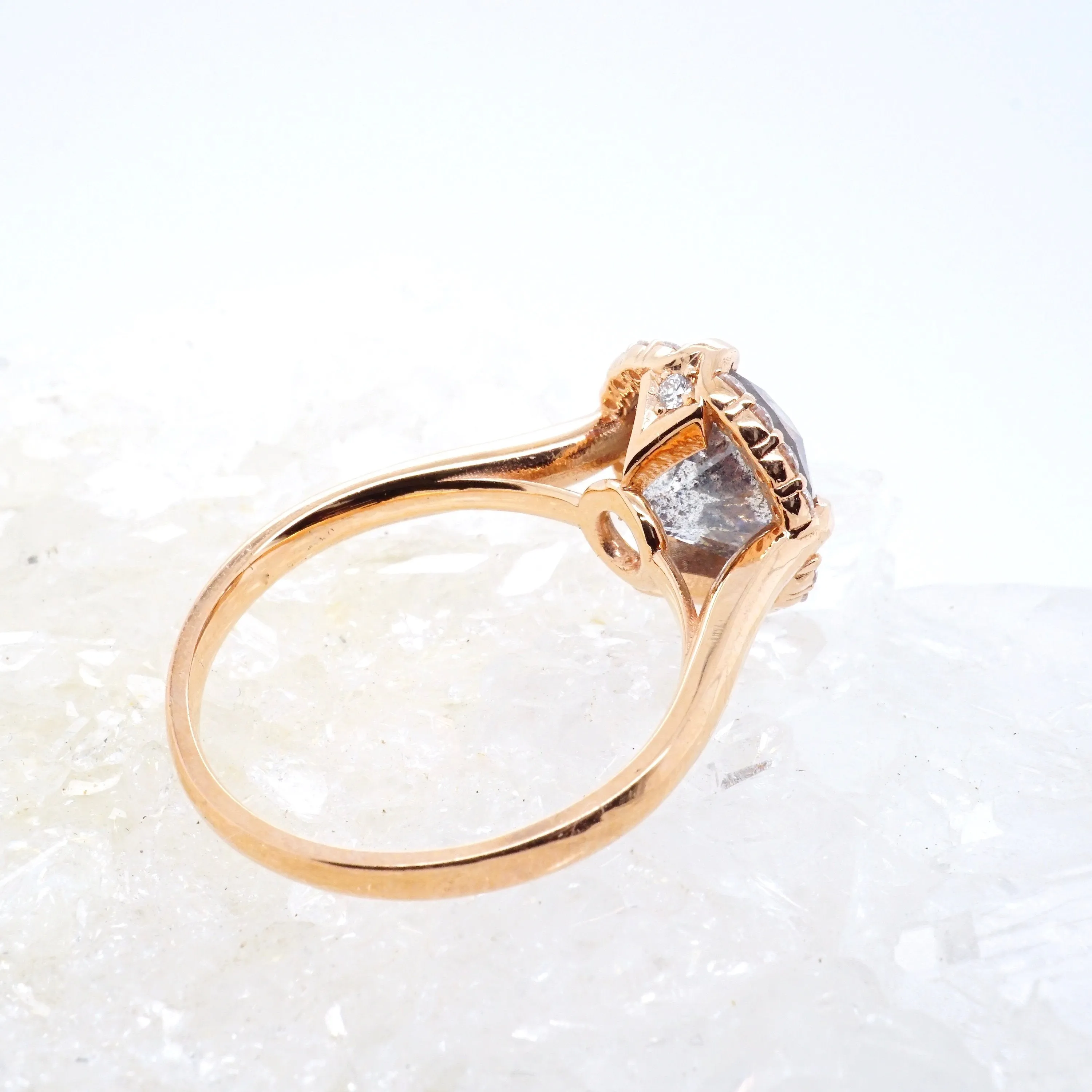 Salt and Pepper Diamond Halo Ring - 3 carat Diamond Compass Halo Engagement Ring - Designer 3-ct Rose Gold Ring