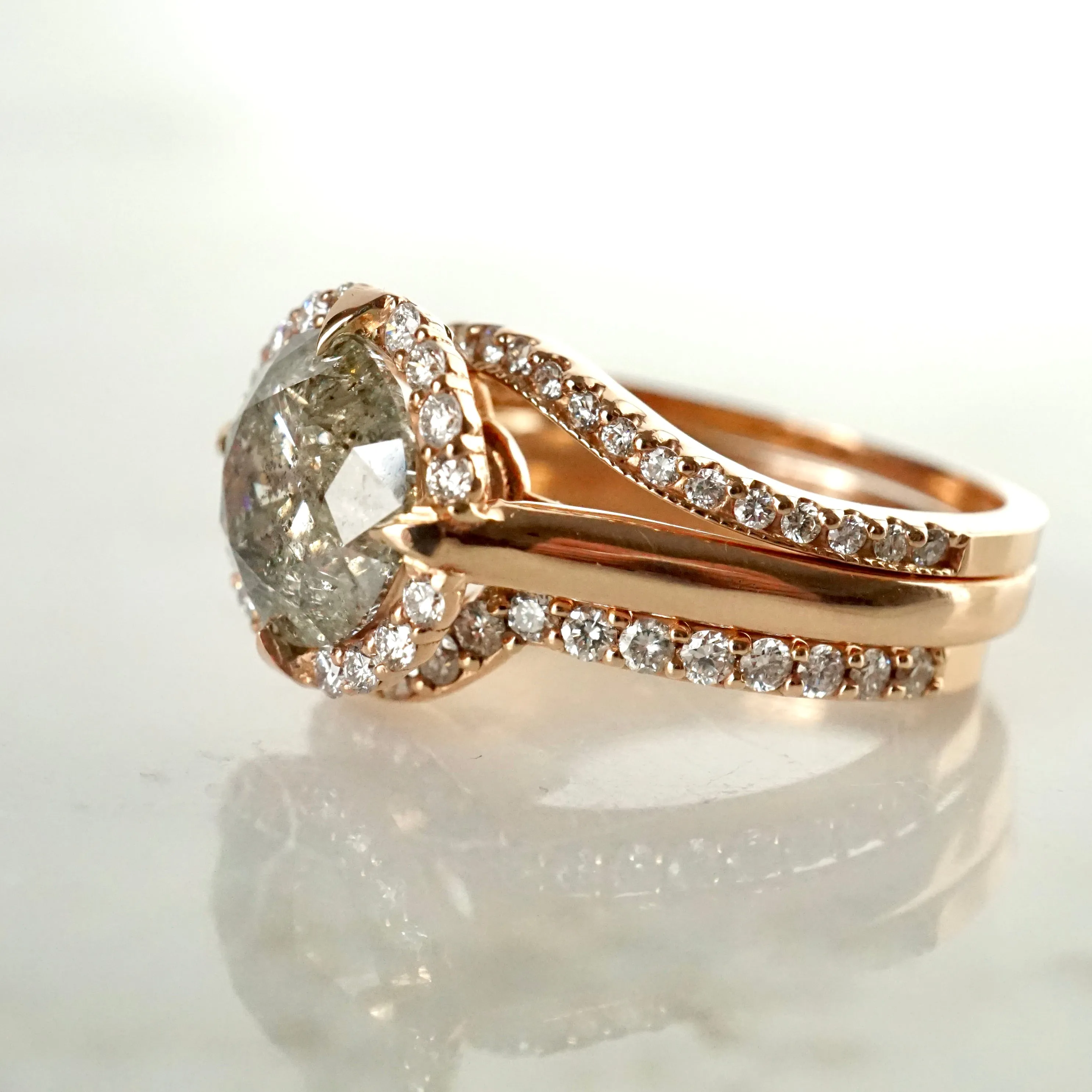 Salt and Pepper Diamond Halo Ring - 3 carat Diamond Compass Halo Engagement Ring - Designer 3-ct Rose Gold Ring